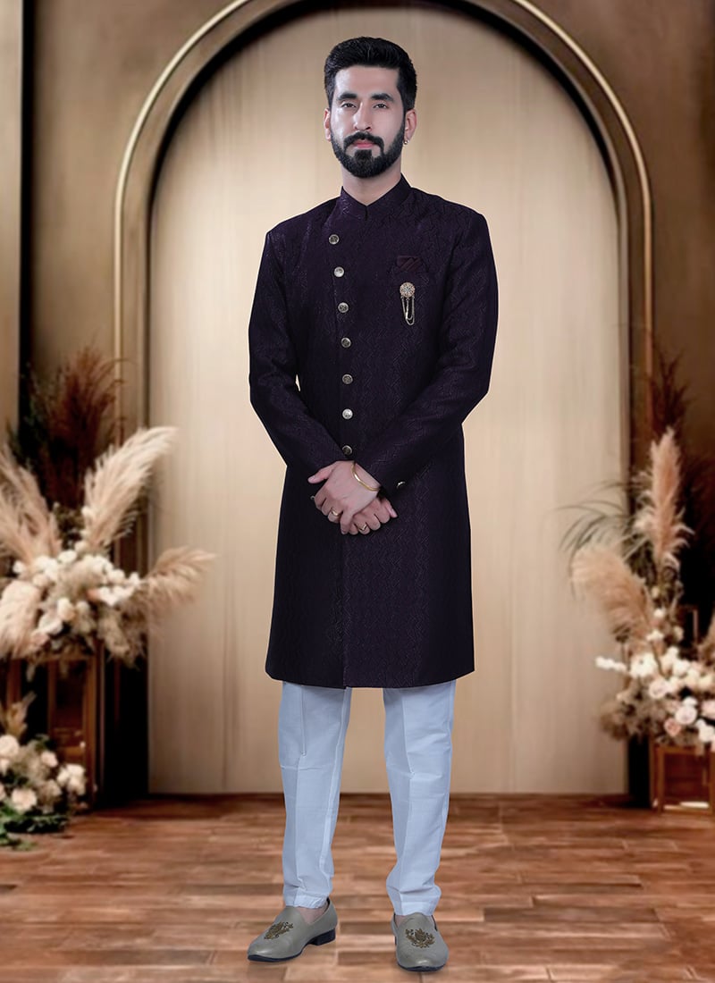 Wine Terry Rayon Zari Indowestern Sherwani  For Men Wedding Wear