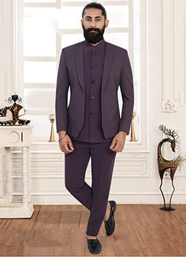 Wine Terry Rayon Zari Three Piece Suit with Attached Jacket