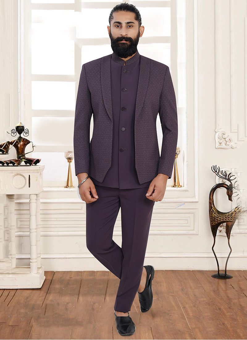 Wine Terry Rayon Zari Three Piece Suit with Attached Jacket Wedding Wear