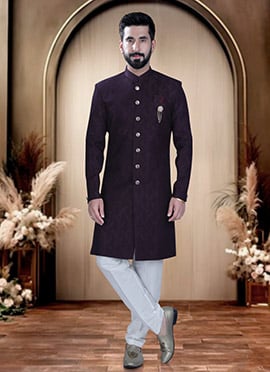 Wine Terry Rayon Zari Work Indowestern Sherwani For Men