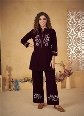 Wine Thread Work Cotton Co Ord Set