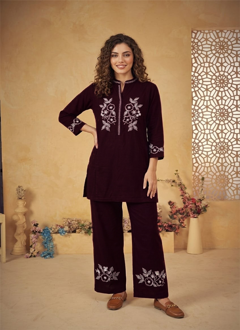 Wine Thread Work Cotton Co Ord Set After Six Wear
