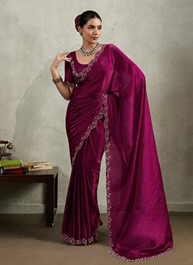 Wine Tikki Work Chinon Saree