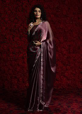 Wine Tissue Chiffon Hand Embroidered Zari Saree Festive Wear