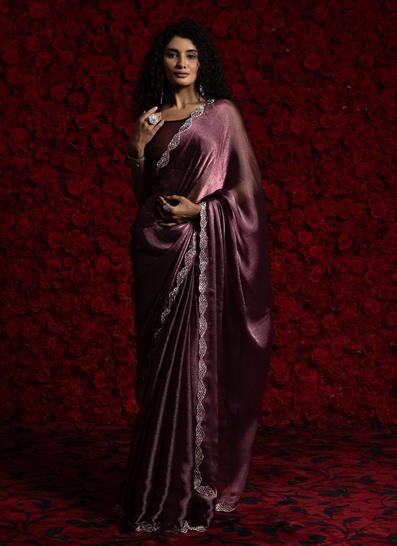 Wine Tissue Chiffon Hand Embroidered Zari Saree Festive Wear