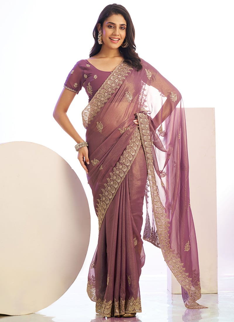Wine Tissue Zari Embroidered Saree Festive Wear