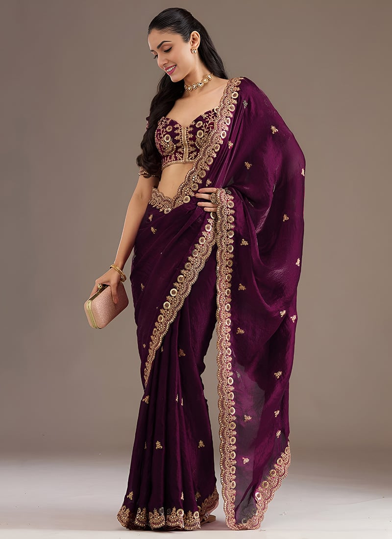 Wine Tissue Zari Embroidered Sequins With Stone Work Saree Wedding Wear
