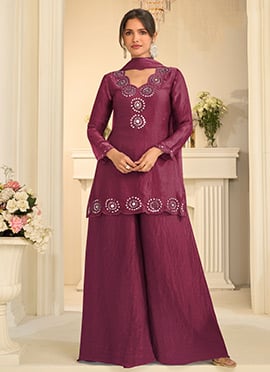 Wine Tora Silk Embroidered Mirror Work Thread Palazzo Suit