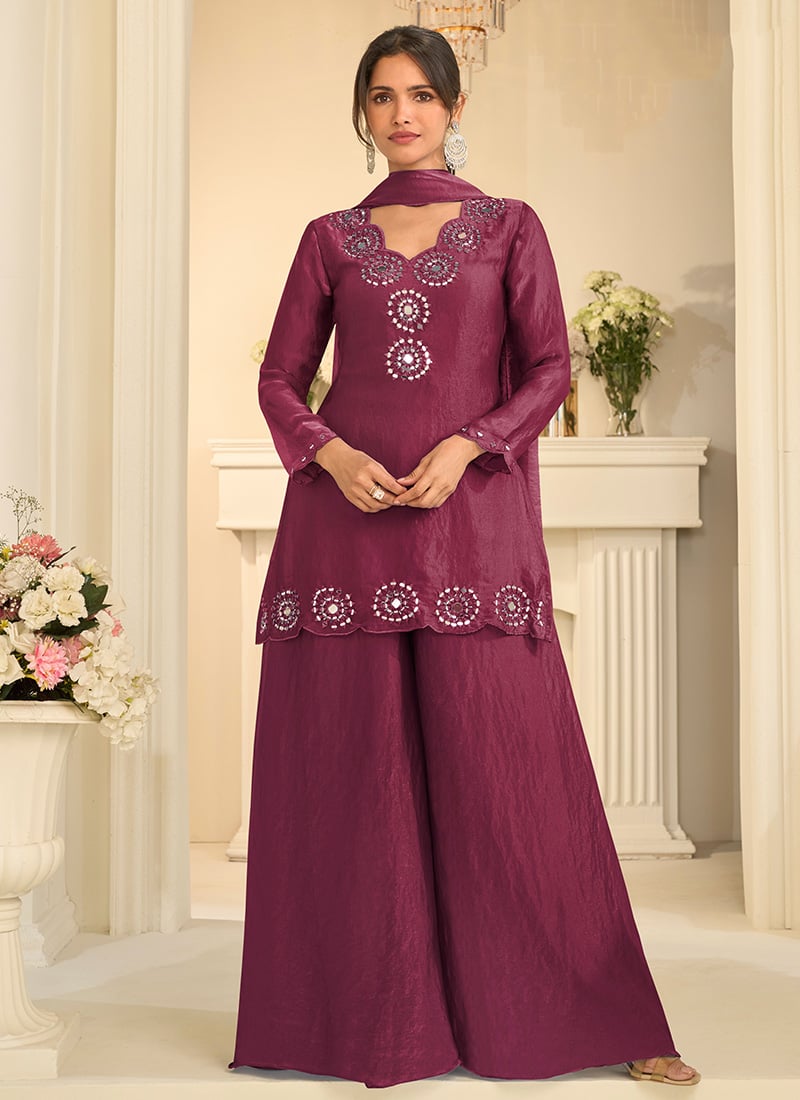 Wine Tora Silk Embroidered Mirror Work Thread Palazzo Suit Festive Wear