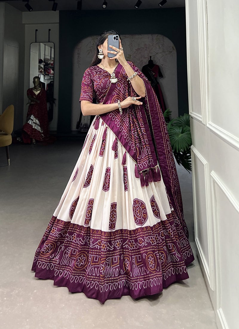 Wine Tussar Silk Bandhej Print Lehenga Festive Wear
