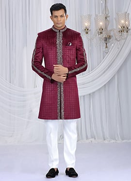 Wine Velvet Beads Sequins Hand Embroidered Cutdana Indowestern Sherwani Wedding Wear