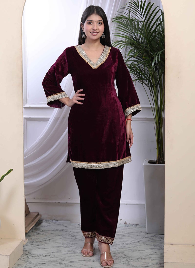 Wine Velvet Embroidered Indowestern Co ord Set Festive Wear