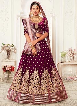 Wine Velvet Embroidered N Sequins Work Wedding Umbrella Lehenga