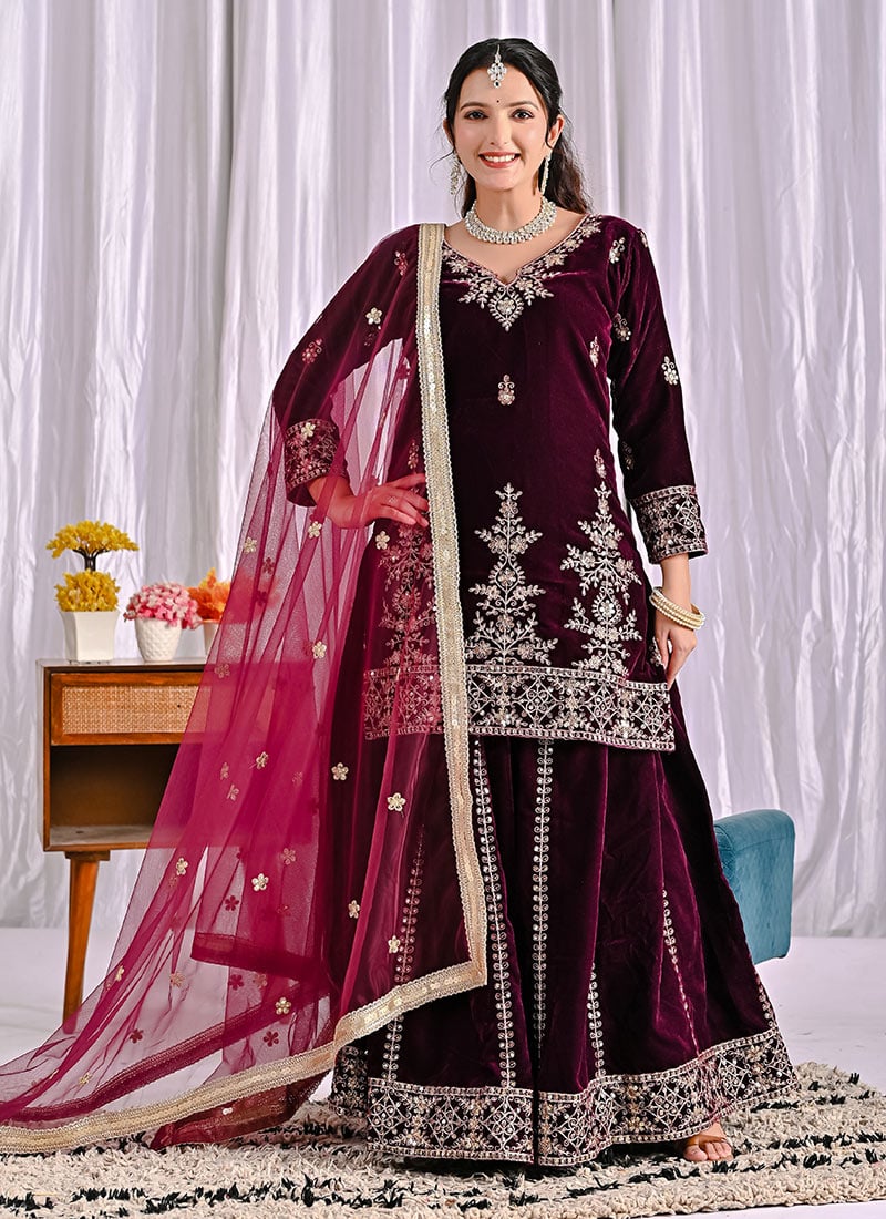 Wine Velvet Embroidered Sequins Palazzo Suit Festive Wear