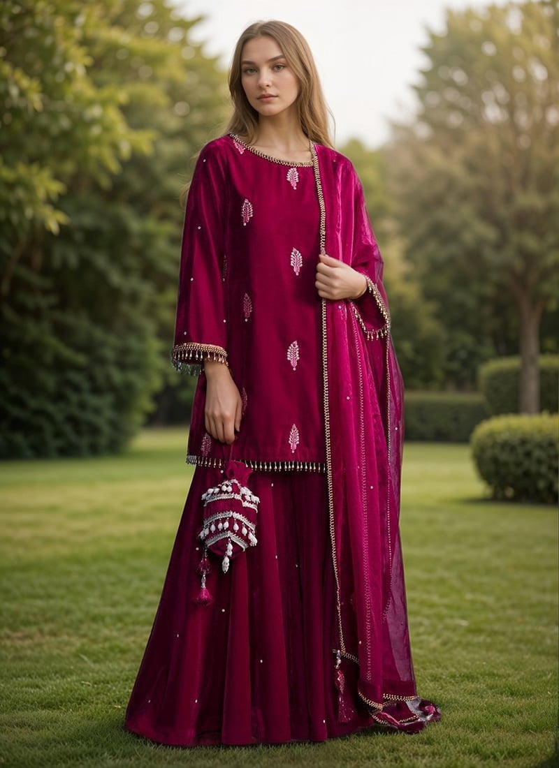 Wine Velvet Sequins Hand Embroidered Sharara Suit