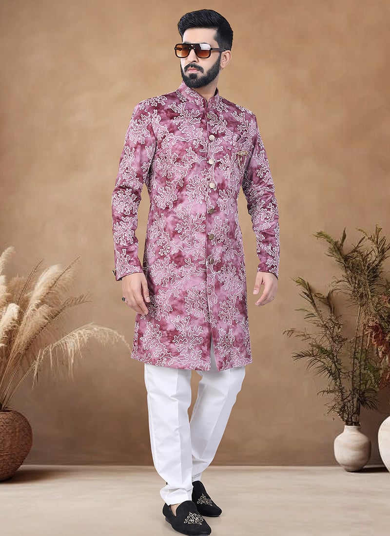Wine Velvet Embroidered Thread Classic Sherwani Wedding Wear