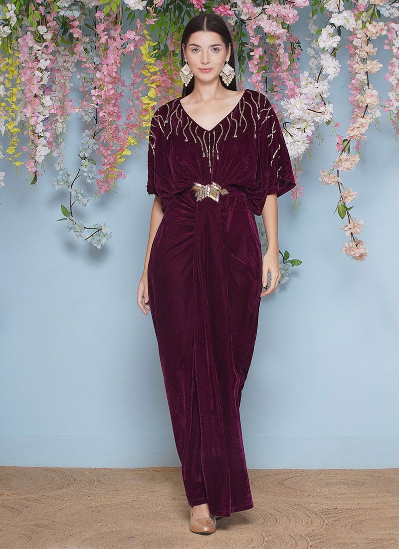 Wine Velvet Hand Embroidered Beads Indowestern Ball Gown