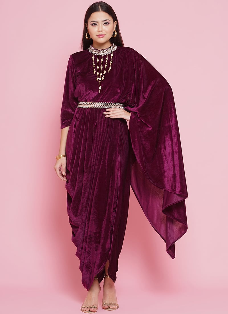 Wine Velvet Hand Embroidered Cutdana Work Indowestern Kaftan After Six Wear