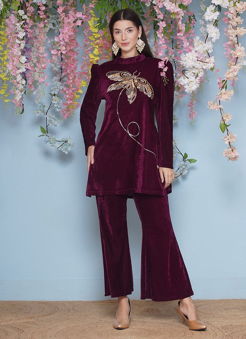 Wine Velvet Hand Embroidered Indowestern Co ord Set After Six Wear