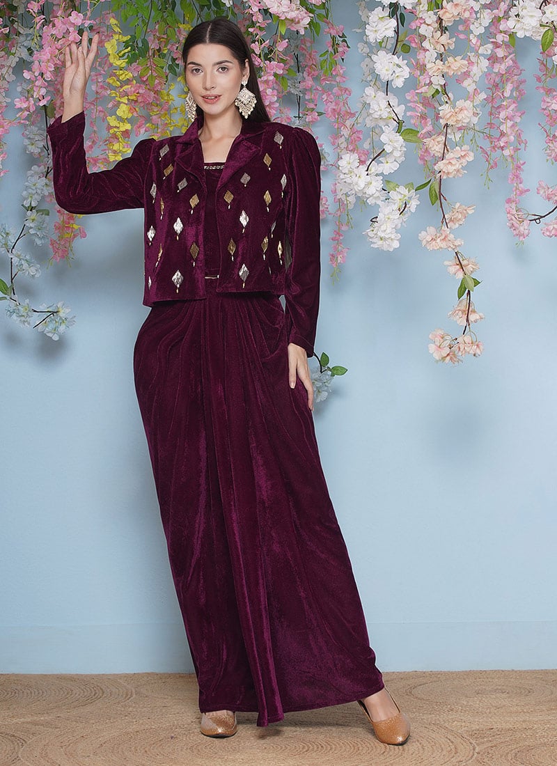 Wine Velvet Hand Embroidered Indowestern Jacket Skirt Set