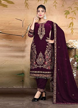 Wine Velvet Zari Embroidered Sequins Thread Straight Pant Suit