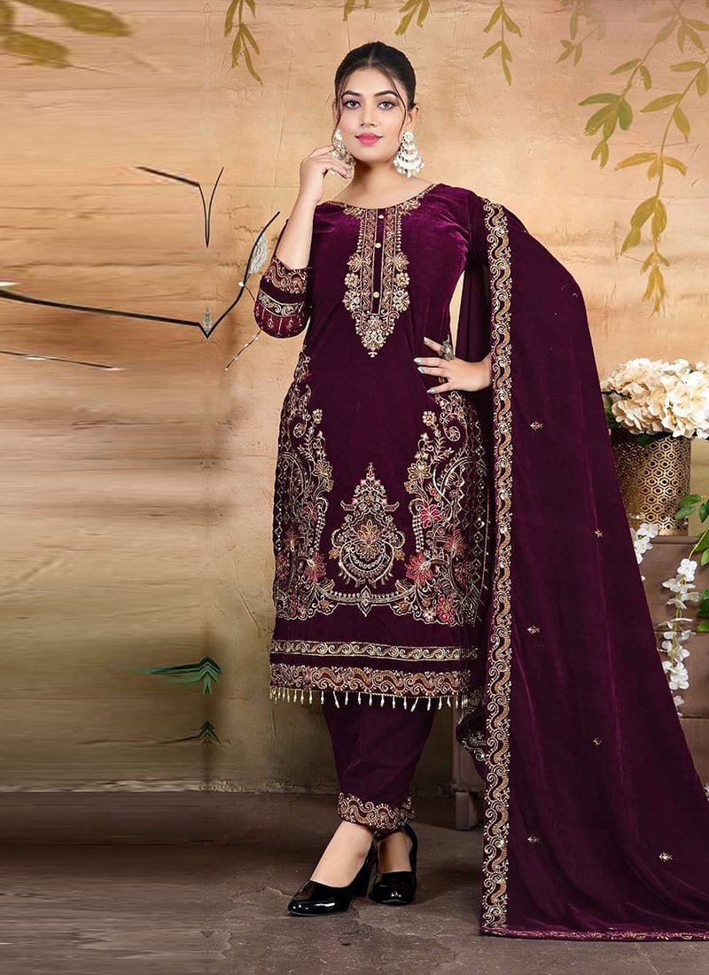 Wine Velvet Zari Embroidered Sequins Thread Straight Pant Suit Festive Wear