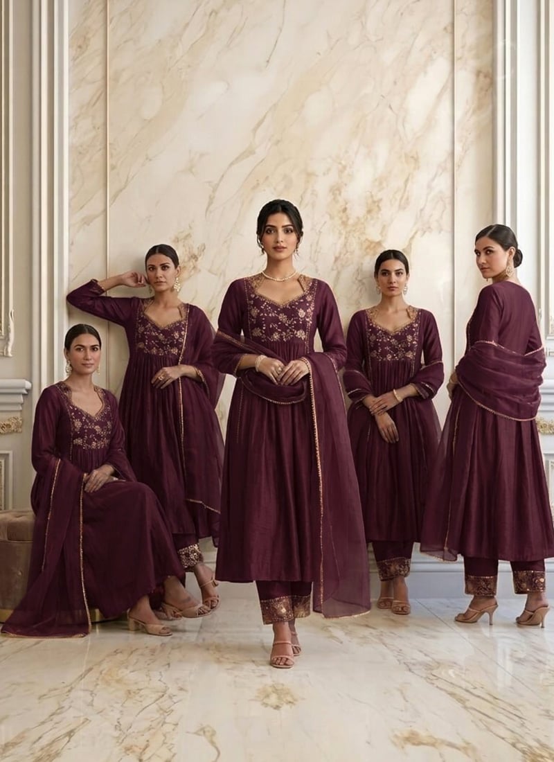 Wine Vichitra Silk Zari Sequins Anarkali Suit Wedding Wear