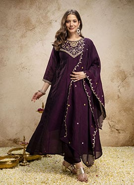 Wine Vichitra Silk Embroidered Anarkali Suit