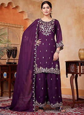 Wine Vichitra Silk Embroidered Sequins Palazzo Suit
