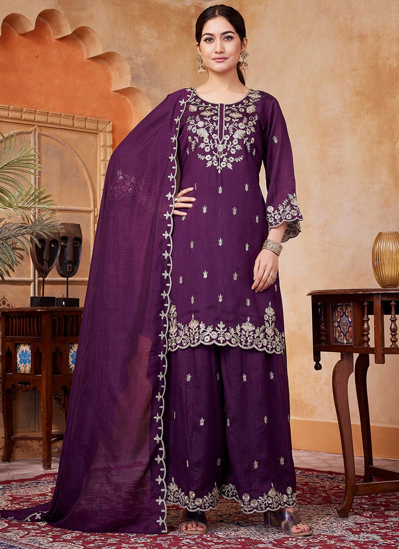Wine Vichitra Silk Embroidered Sequins Palazzo Suit After Six Wear
