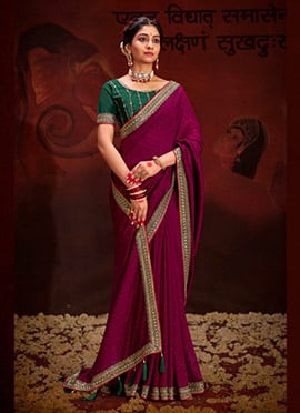 Wine Vichitra Silk Embroidered Sequins Saree