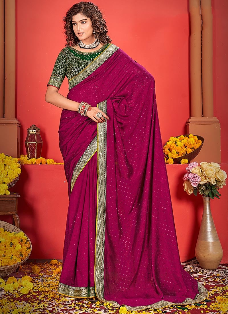 Wine Vichitra Silk Embroidered Sequins Saree