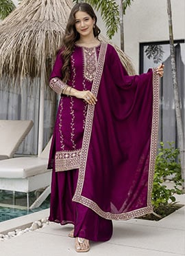 Wine Vichitra Silk Embroidered Sequins Sharara Suit