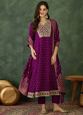 Wine Vichitra Silk Embroidered Sequins Straight Pant Suit