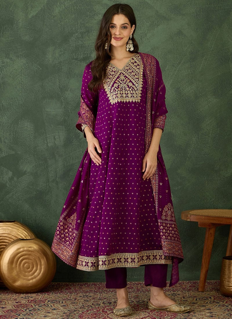 Wine Vichitra Silk Embroidered Sequins Straight Pant Suit Festive Wear