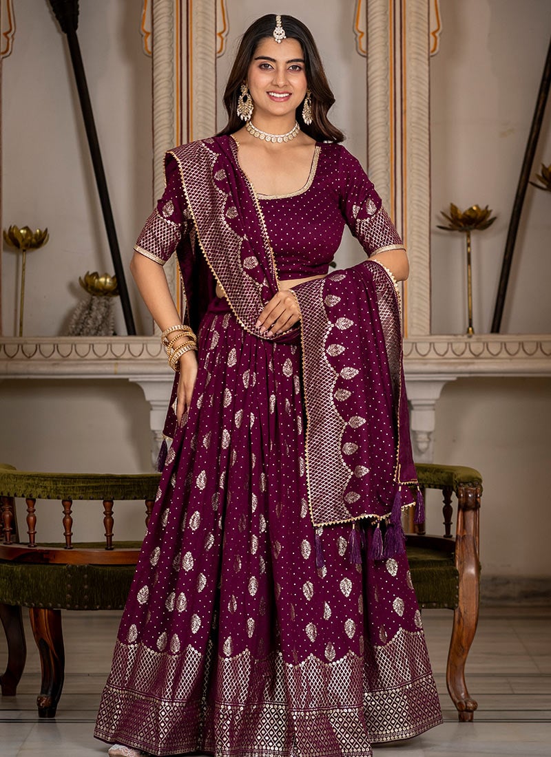 Wine Vichitra Silk Foil Print Lehenga Festive Wear