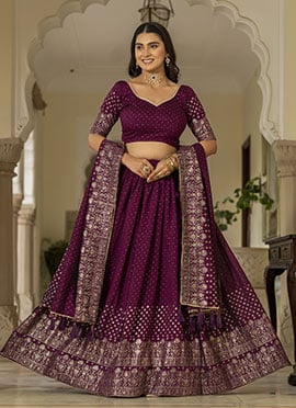 Wine Vichitra Silk Foil Print Stones Lehenga
