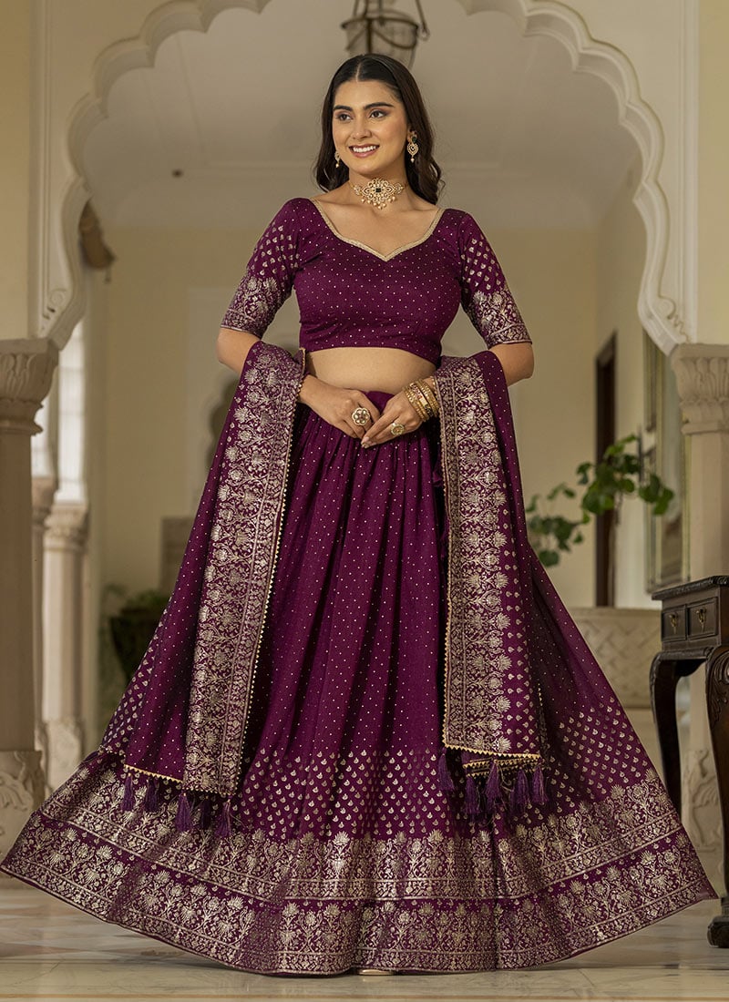 Wine Vichitra Silk Foil Print Stones Lehenga Festive Wear