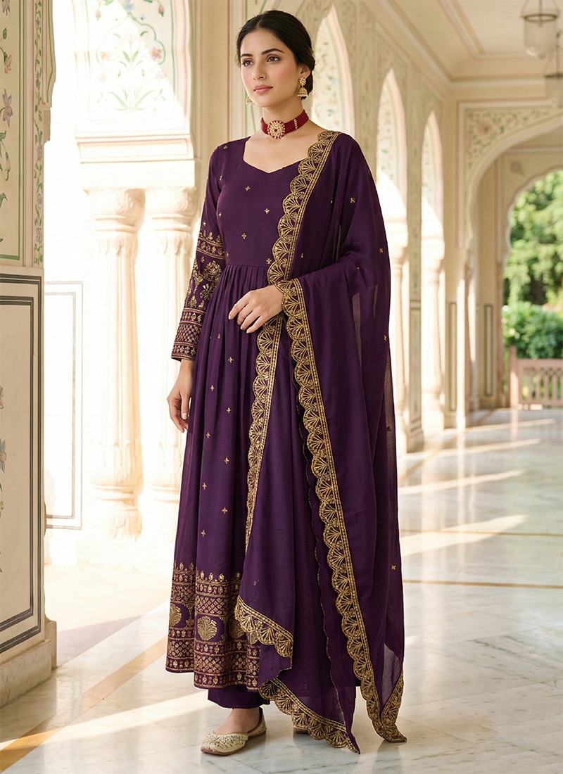 Wine Vichitra Silk Zari Embroidered Sequins Anarkali Suit Festive Wear