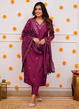 Wine Viscose Chanderi Embroidered Sequins Straight Pant Suit