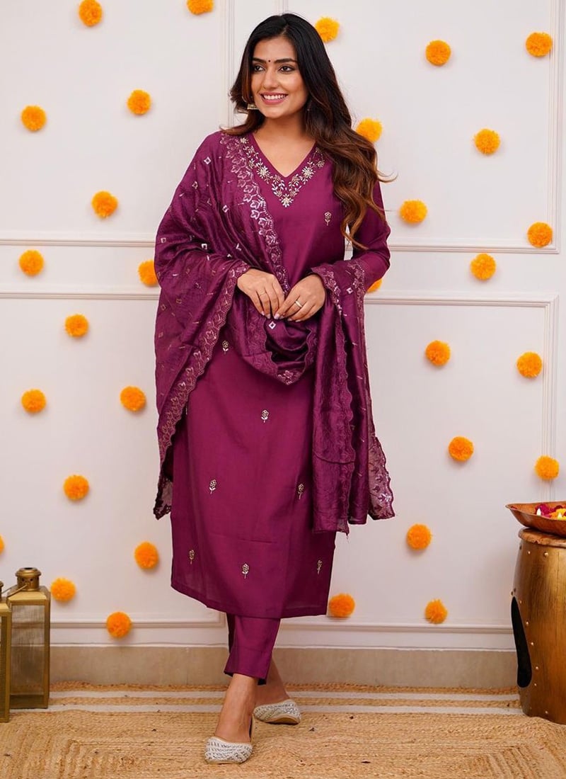 Wine Viscose Chanderi Embroidered Sequins Straight Pant Suit After Six Wear