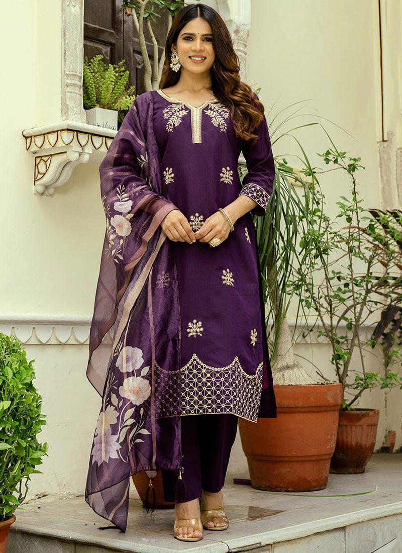 Wine Viscose Chanderi Embroidery With Printed Dupatta Straight Pant Set Festive Wear