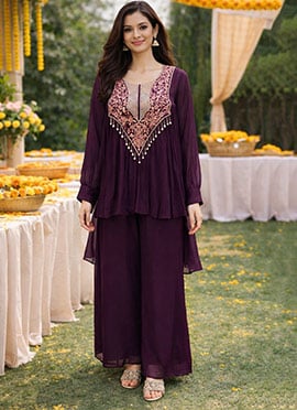 Wine Viscose Chinon Hand Embroidered Indowestern Sets and Suits
