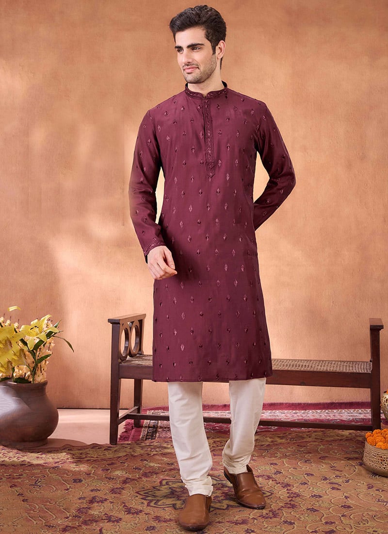 Wine Viscose Embroidered Kurta Pyjama Festive Wear