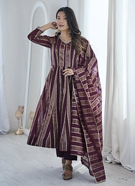 Wine Viscose Jacquard Mirror Lace Work Anarkali Suit