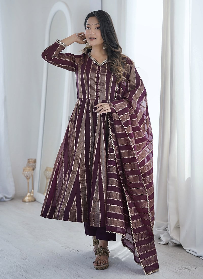 Wine Viscose Jacquard Mirror Lace Work Anarkali Suit Festive Wear