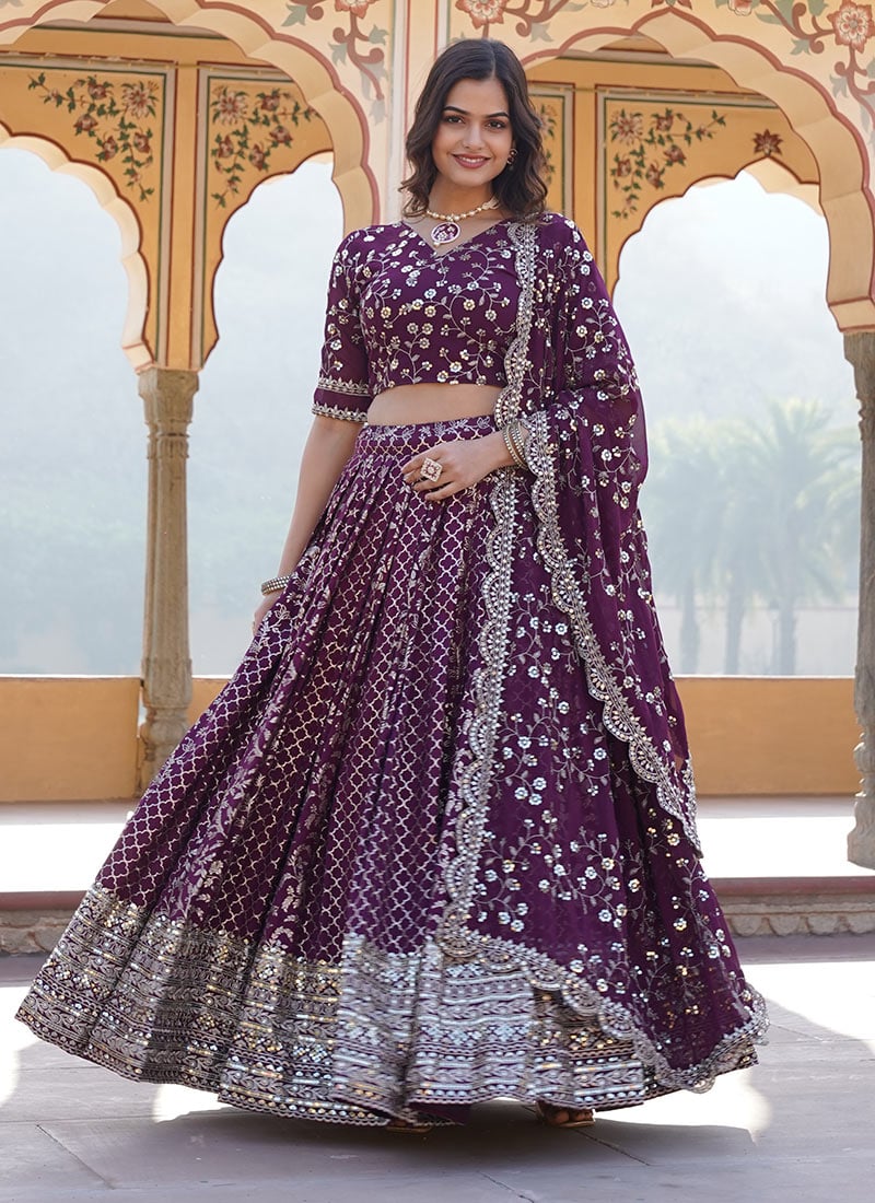 Wine Viscose Jacquard Sequins Umbrella Lehenga Party Wear