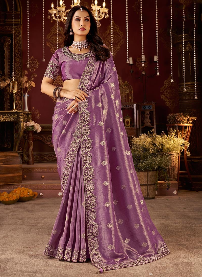Wine Viscose Jacquard Tissue Zari Embroidered Sequins Beads And Stone Work Saree Wedding Wear