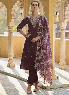Wine Viscose Rayon Embroidered Straight Pant Suit With Printed Dupatta