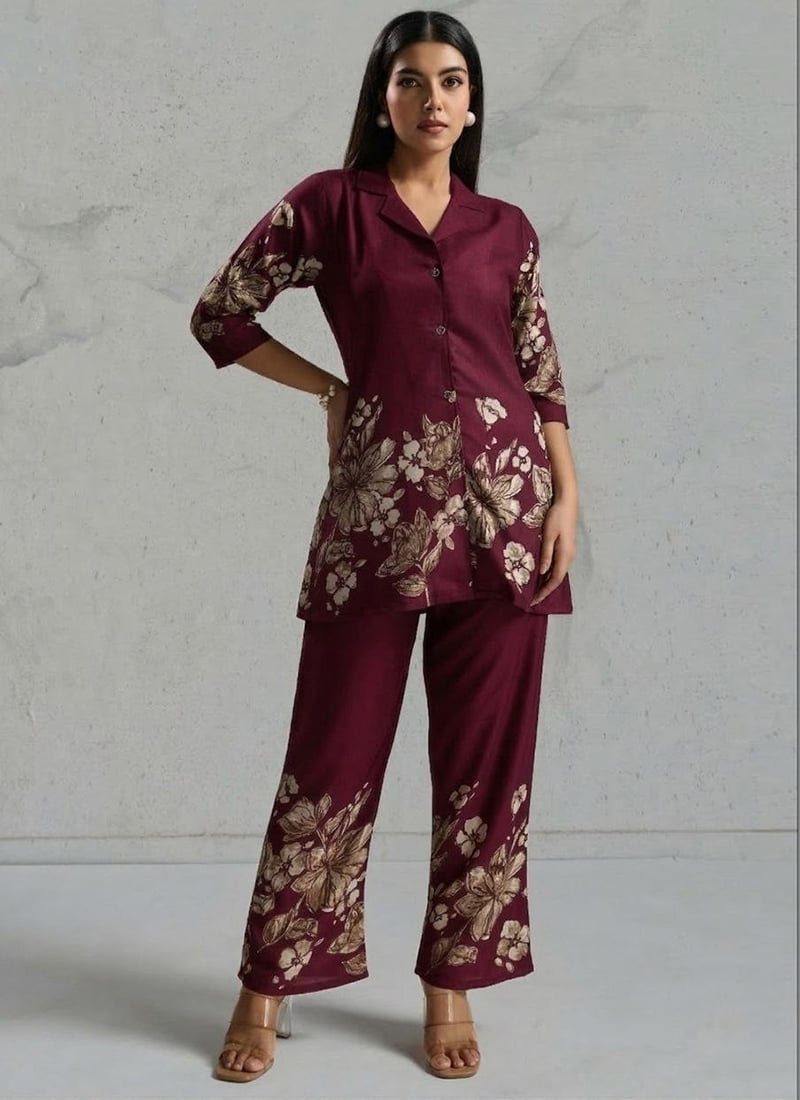 Wine Viscose Rayon Floral Print Co Ord Set After Six Wear